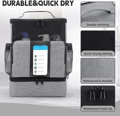 Vista 2 de Funambulist Carrito de ducha de gran capacidad portátil para dormitorio, esencial para estudiantes universitarios, niñas/chicos (gris)