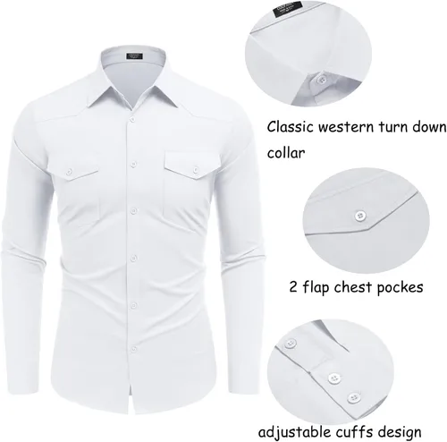 Vista 5 de COOFANDY Camisas vaqueras occidentales para hombre, de algodón, ajustadas, de manga larga, con botones y bolsillos