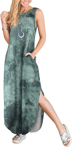 Vista 5 de ANRABESS - Vestido largo, informal y holgado para mujer, sin mangas, con bolsillos y abertura, para playa