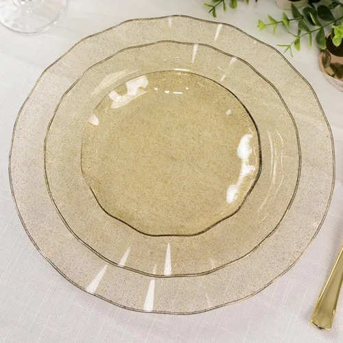 Vista 18 de Efavormart 10 Pack Platos redondos de plástico negro de 6" para postre y ensalada, platos desechables para aperitivos con borde ondulado dorado