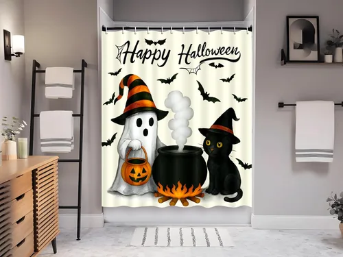Vista 6 de Tieshankao Decoración de baño de Halloween, cortina de ducha de calabaza fantasma, gato, decoración espeluznante con 12 ganchos de 72 x 72 pulgadas