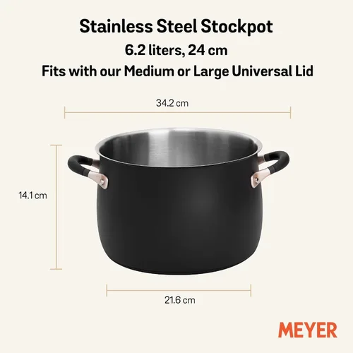 Vista 6 de Meyer Olla mediana de acero inoxidable de 6.5 cuartos de galón, olla de inducción, apta para lavavajillas, apta para horno, negro mate con asas
