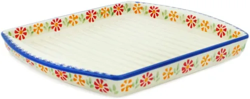 Vista 33 de Auténtico plato de cerámica polaca de 10 pulgadas en diseño amarillo hecho a mano en Bolesławiec Polonia por Ceramika Bona + certificado