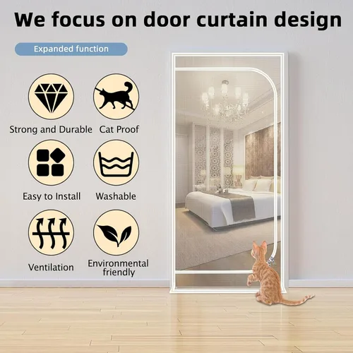 Vista 4 de Puerta mosquitera mejorada para mascotas, se adapta a puertas de 30 x 80 pulgadas, puerta de malla gruesa resistente a gatos para sala de estar