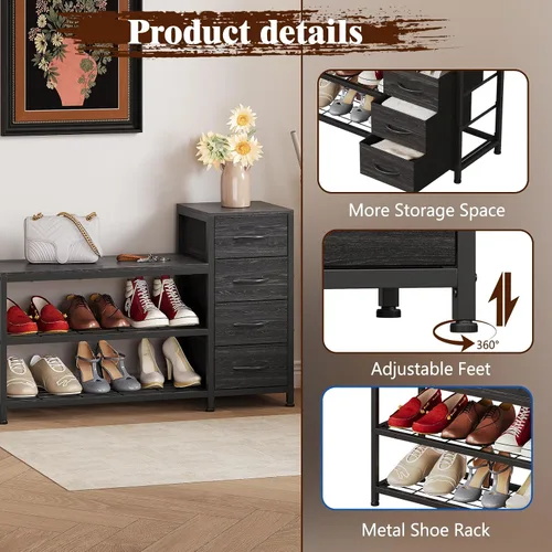 Vista 3 de EXOTICA Banco de entrada de 3 niveles con almacenamiento para zapatos, banco con 4 cajones de tela, marco metálico y tablero de madera, zapatero