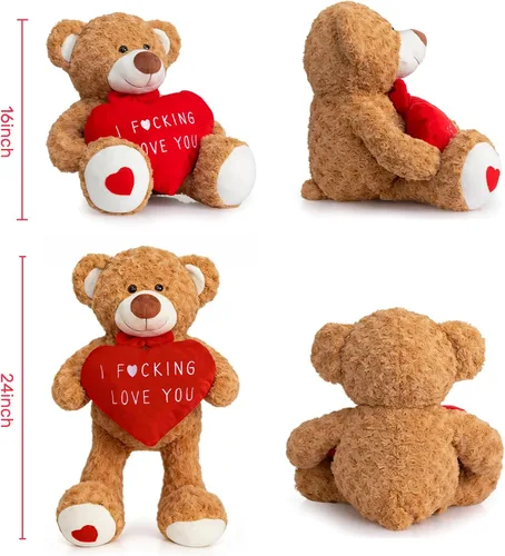 Vista 5 de HollyHOME Oso de peluche de San Valentín de 24 pulgadas con corazón rojo, regalo de San Valentín para ella, novia, novio, amante, color marrón