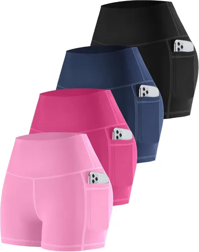 Vista 53 de CHRLEISURE - Pantalones cortos de ciclismo para mujer con bolsillos de licra, cintura alta, con control de abdomen para entrenamiento, yoga