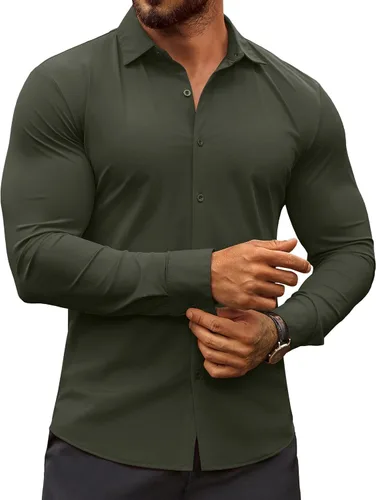 Vista 9 de COOFANDY Camisas de vestir ajustadas para hombre, sin arrugas, manga larga, casuales, con botones