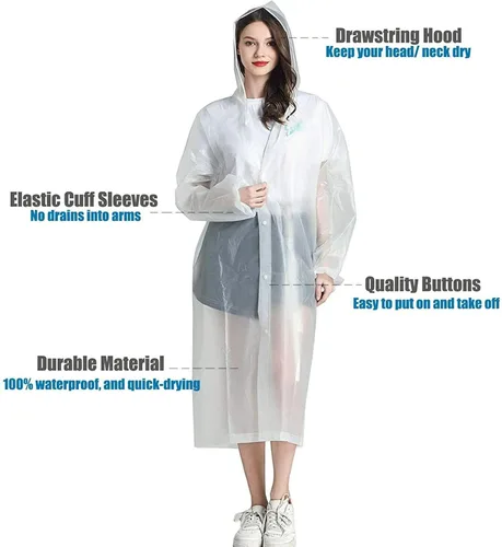 Vista 5 de Paquete de 2 chaquetas de lluvia reutilizables impermeables (EVA) transparentes, unisex, poncho de lluvia