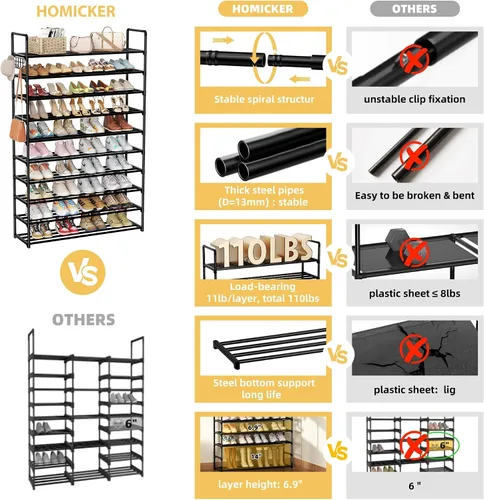 Vista 6 de Organizador de zapatos de 10 niveles, zapatero grande de metal con ganchos, se adapta a 40-50 pares, ideal para armario, entrada, garaje, dormitorio