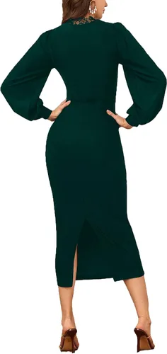Vista 2 de Rooscier Women's Lace Deep V Neck Lantern Long Sleeve Ruched Split Bodycon Party Midi Dress