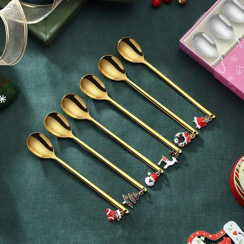 Vista 6 de JapanAmStore - 6 cucharas de café de acero inoxidable con colgante de Navidad, cuchara de sopa, cuchara de té, cuchara de postre para decoración