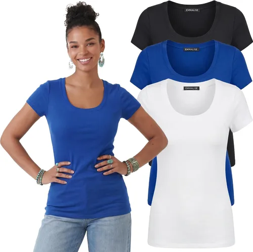 Vista 23 de Emmalise - Camiseta de manga corta para mujer, cuello redondo, estilo básico, pack de valor, tallas junior y grandes