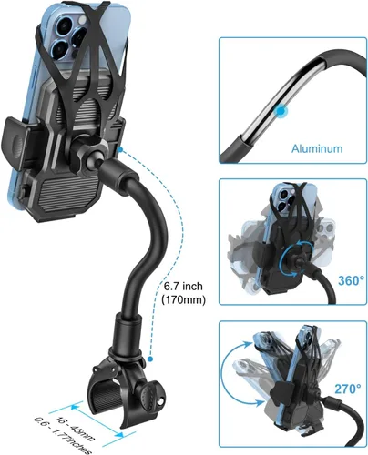Vista 5 de Soporte de teléfono para bicicleta de cuello de cisne, soporte de teléfono para motocicleta – Clip de teléfono celular para manillar de bicicleta
