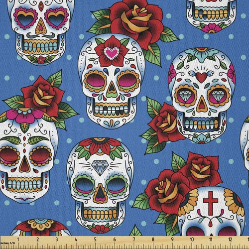 Vista 89 de Ambesonne The Yard, tela de calavera colorida con temática de Halloween, diseño de calavera y huesos cruzados, divertido estampado de dibujos