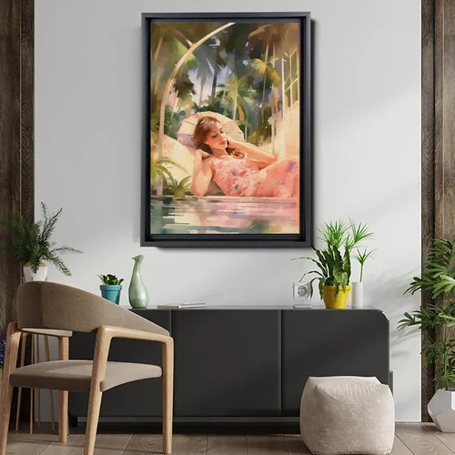 Vista 5 de Fine Art Print, Illustration, Summer-Inspired Tropical Artwork for Wall Decor, Relaxing Woman by the Pool Amidst Lush Plants