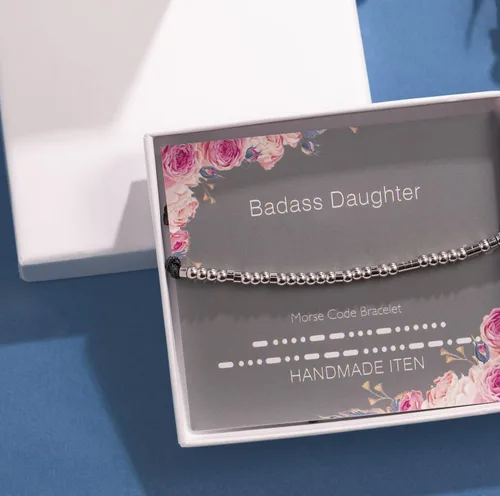 Vista 3 de ASELFAD - Pulseras para mujer con código morse, cuentas de plata de ley en un cordón, regalo de joyería divertida para amistades, regalo para su