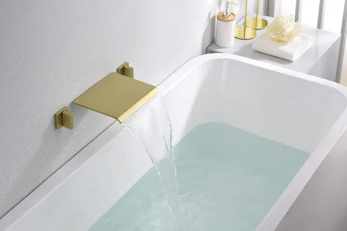 Vista 4 de SUMERAIN Grifo de bañera de cascada para montaje en pared con válvula, grifo de bañera cubierto en oro cepillado, llenador de bañera de 3 orificios
