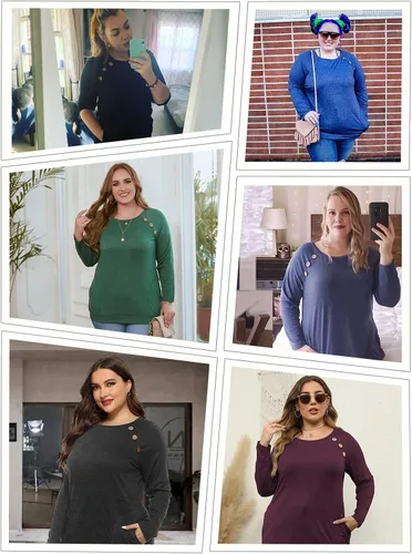 Vista 5 de VOGRACE Camisetas de manga larga para mujer, con bolsillos, botones, decoración, estilo casual, 1X-4X