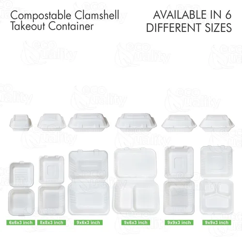 Vista 5 de Contenedor de comida cuadrado compostable con bisagras para llevar, 9 x 9 x 3 pulgadas, contenedores desechables de calidad resistente, con un solo
