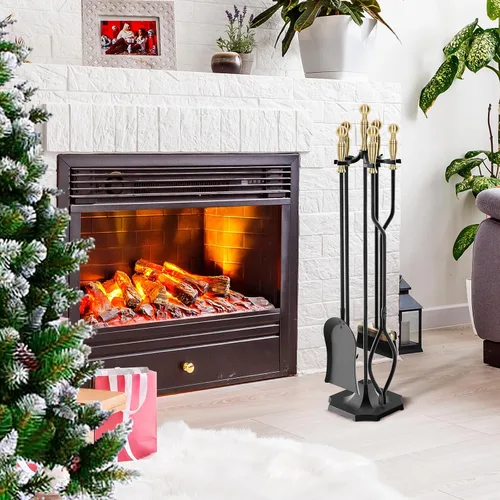 Vista 2 de Juego de 5 herramientas para chimenea de 31 pulgadas, herramientas de hierro forjado con mango ergonómico, juego de accesorios para chimenea incluye
