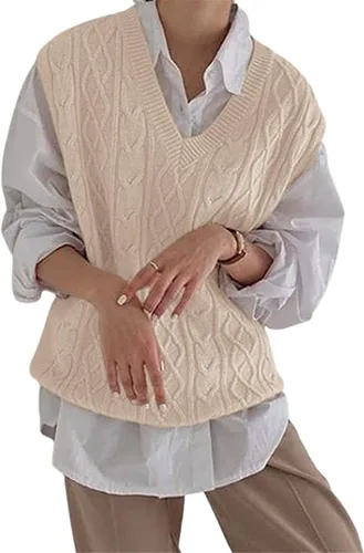 Vista 2 de Women's V Neck Sweater Vest Oversized Sleeveless Loose Knit Tops Cable Sleeveless Sweater