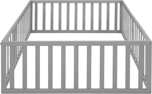 Vista 7 de Cama de suelo para niños, marco de cama Montessori de tamaño matrimonial con barandillas de valla para niños, camas de madera para niños y niñas