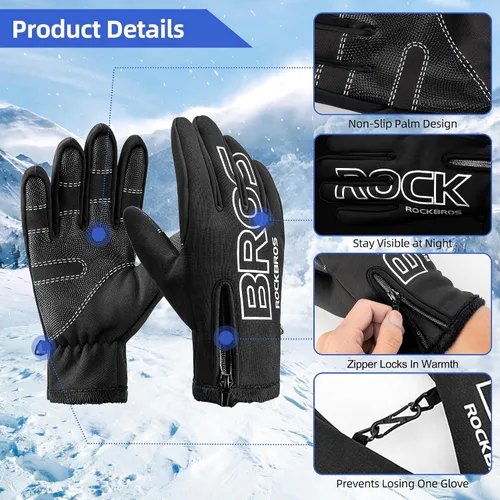 Vista 6 de ROCKBROS Guantes de ciclismo de invierno para hombres y mujeres, resistentes al agua, guantes de pantalla táctil que absorben los golpes, guantes