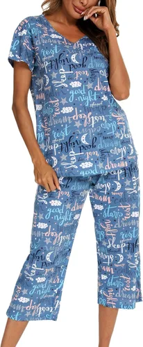 Vista 5 de ENJOYNIGHT - Conjunto de pijama para mujer, ropa de dormir de algodón con camiseta y pantalones capri, lindos pijamas