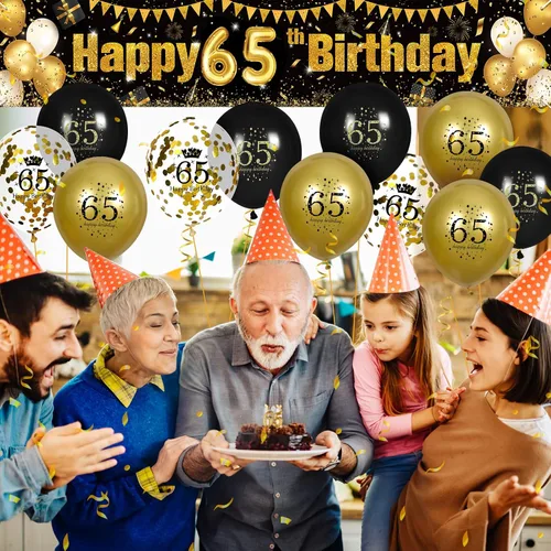 Vista 6 de Decoraciones de cumpleaños número 65 para hombres y mujeres, cartel negro y dorado para patio y 18 globos de feliz cumpleaños para suministros
