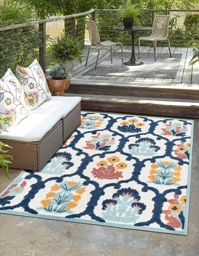 Vista 9 de Unique Loom Belize Outdoor Collection - Alfombra rectangular de 2 x 3 pies 1 pulgada, color marfil y azul marino