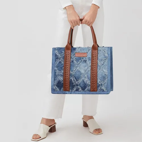 Vista 7 de VANSARTO Bolso de mano de mezclilla para mujer, con asa superior, estilo azteca, estilo bohemio, con correa para la muñeca