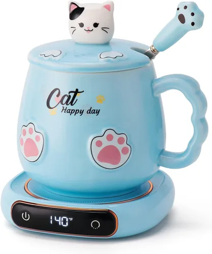 Vista 10 de Calentador de tazas de café y lindo juego de tazas de gato, calentador de tazas de bebidas para escritorio, oficina en casa con 4 ajustes