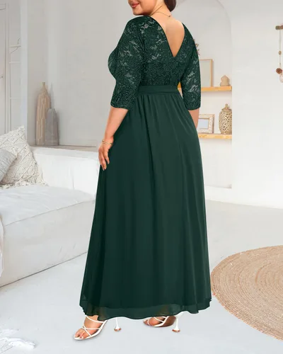 Vista 5 de Vestido formal largo de encaje de manga 34 con espalda en V para mujer