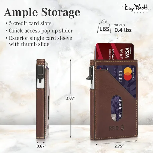 Vista 2 de Tony Perotti Cartera de piel italiana para hombre, diseño delgado con control deslizante de tarjetas emergentes de acceso rápido, cartera ecológica