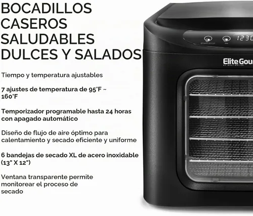 Vista 4 de Elite Gourmet EFD-313B deshidratador de alimentos programable, deshidratador de alimentos, controles de temperatura ajustables, aperitivos de Negro