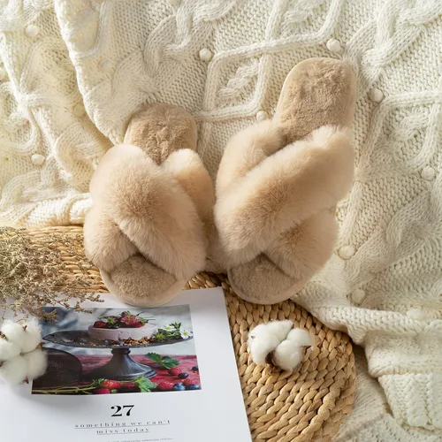 Vista 5 de Parlovable Pantuflas peludas para mujer, cómodas con banda cruzada, zapatos de casa de espuma viscoelástica con punta abierta, regalos
