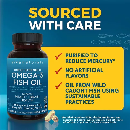 Vista 7 de Viva Naturals Aceite de Pescado Omega-3, Triple Fuerza, 2500 mg, 30 Cápsulas Blandas – Ácidos Grasos Omega 3 Re-Esterificados Incluyendo EPA, DHA