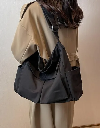 Vista 2 de Lauthen.S Bolsa de lona estilo hobo estilo grunge, bolsa cruzada para mujeres y hombres, bolsa de mensajero grande con múltiples bolsillos
