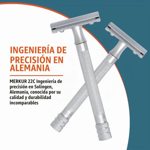 Vista 4 de MERKUR 22C - Maquinilla de afeitar de seguridad de doble filo, cromo mate, mango largo de latón moleteado, fabricado en Alemania, sin plástico