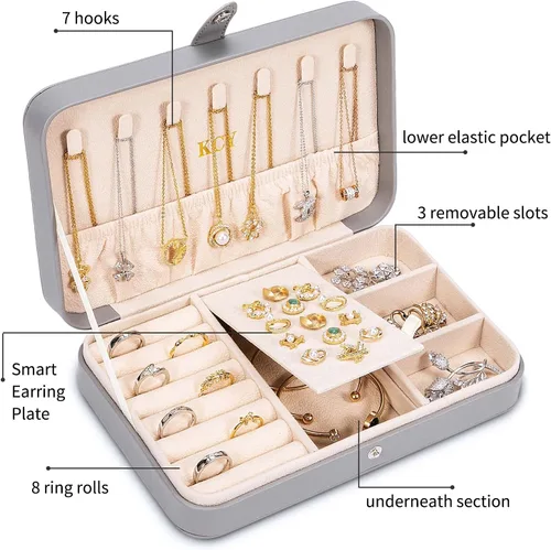 Vista 3 de KCY Joyero para mujeres y niñas, estuche organizador de joyas de viaje pequeño, de piel sintética, portátil, cajas de almacenamiento para anillos