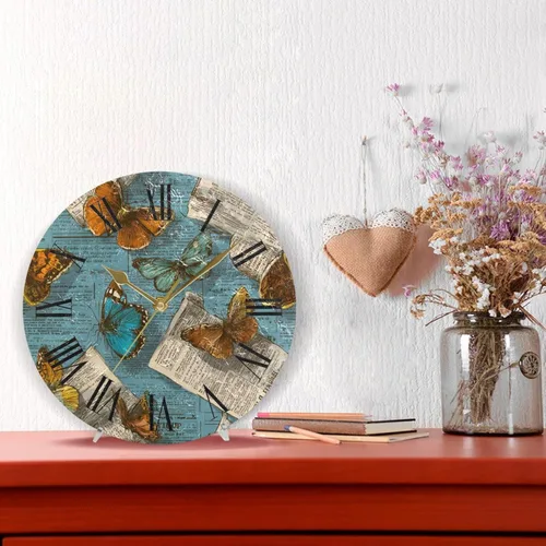 Vista 2 de old Newspaper Butterflies Retro Blue 10 Inch Round bathroom wall clock non ticking Deco for Hotel Kitchen reloj de pared para cocina