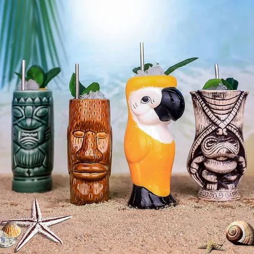 Vista 6 de LINALL Juego de 4 tazas de cóctel Tiki – Tazas de cóctel hawaianas de cerámica grandes, vasos de cóctel exóticos, Tiki Bar Profesional Hawaiano