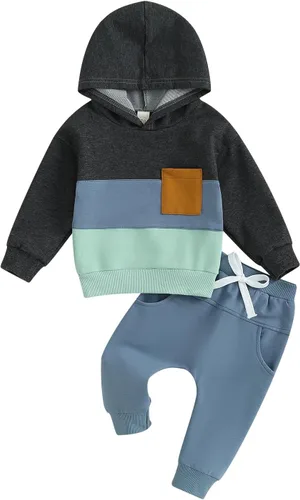 Vista 16 de Ropa de otoño e invierno para bebé niño, con capucha, de manga larga, a rayas, pantalones elásticos para recién nacidos azul (Patchwork Blue)