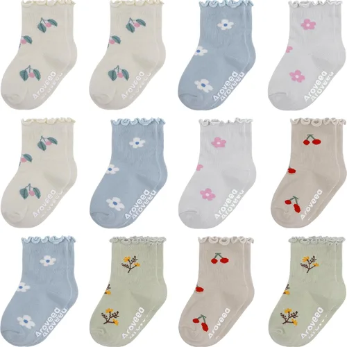 Vista 16 de Calcetines antideslizantes con agarre para tobillos, paquete de 12 unidades para niños pequeños, niños y niñas, lindos calcetines de algodón