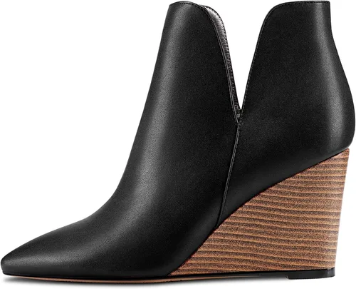 Vista 2 de Aachcol Botines de cuña para mujer, botines cortos con punta puntiaguda, tacón alto y grueso, mate, 4 pulgadas