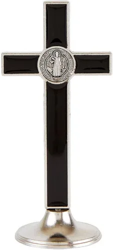 Vista 2 de Needzo Crucifijo de pie esmaltado negro de San Benito, cruz católica, regalos religiosos inspiradores para mujeres y hombres, decoración cristiana