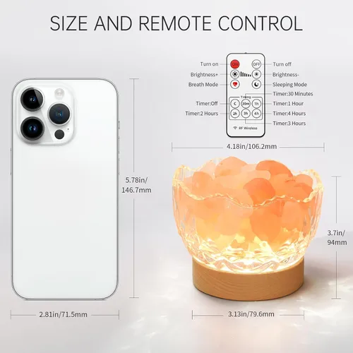 Vista 2 de Lámpara de sal del Himalaya, rosa, base de madera, 10 niveles de ajuste de intensidad de luz, enchufe USB, 1 año de garantía