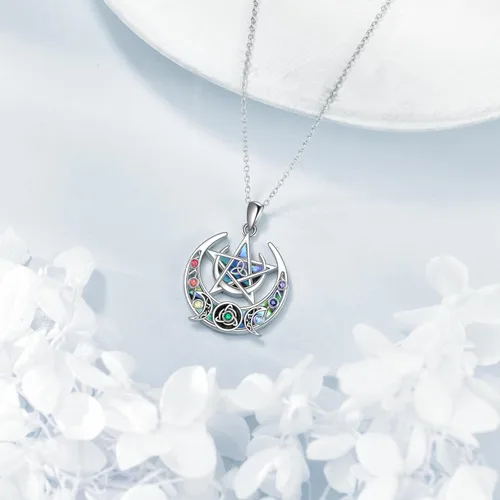 Vista 29 de LUHE Collar de plata de ley con dije de pentagrama de chakras y luna, pentáculo, celta, pagano, wiccano, amuleto mágico para mujeres, adolescentes
