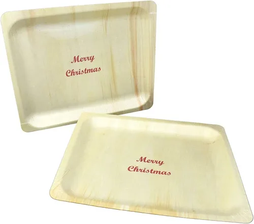 Vista 2 de Perfect Stix Plato de madera desechable de 10 pulgadas con estampado de Feliz Navidad, paquete de 25